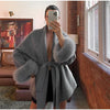 Solid Lace Up Faux Fur Sleeve Jacket Woman Elegant Mid-length V-neck Woolen Blend Coat Autumn Casual Scarf Outwear