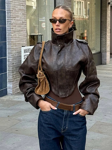 PU Leather Stand Neck Short Jacket Women Vintage Chic Solid Single Breasted Slim Jackets Female Autumn Classic Outerwear