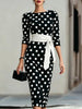Elegant Women Office Party Midi Dress Polka Dot 3/4 Sleeve Pencil Dresses Spring Round Neck With Belt Slim Dress Robe