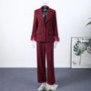 Women's Black Blazer Pants Set With Feather Cuffs Lapel Long Sleeve Button Jacket Wide Leg Pants Lady Chic Outfits