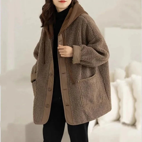 Korean Ladies Join Together Hooded Lamb Plush Jacket Women Autumn Winter Mid Long Styles Coat Female Baseball Outwear Lady