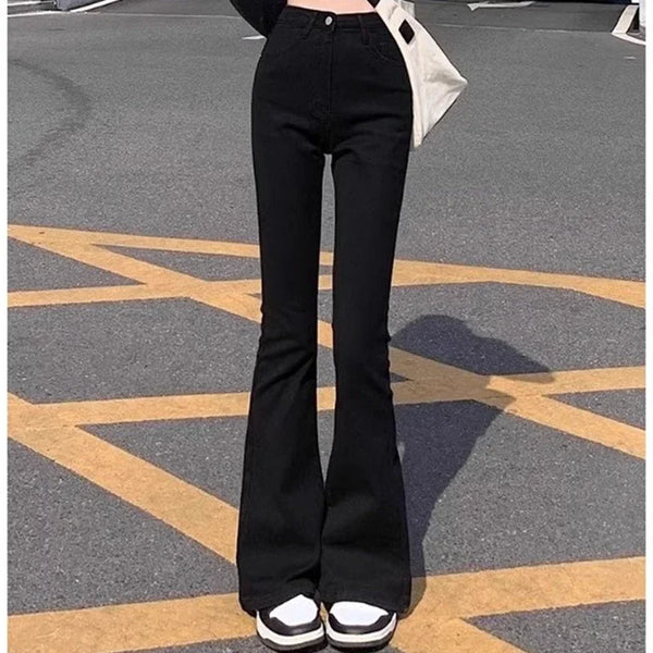 Woman American High Waist Slim Fit Bell Bottom Jeans Female Y2k Flare Pants Girls Elastic Designer Black Denim Trousers