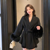 Elegant Lace Up Woolen Coat Women Furry Lapel Fur Patchwork Belt Loose Short Jacket Female Lady Autumn Winter Cardigans