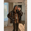 Women Chic Cropped Leopard Faux Fur Coat Contrast Black Fur Collar Cuff Button Short Furry Coats Lady Winter Chic Streetwear