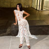 Women Sexy Lace Patchwork White Maxi Dress Flared Sleeve Off Shoulder Bodycon Gowns Lady Evening Night Party Robes