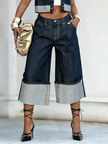 Women's High Waist Wide Leg Rolled Cuffs Cropped Jeans Casual Streetwear Denim Capris Pants Bottoms