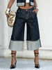 Women's High Waist Wide Leg Rolled Cuffs Cropped Jeans Casual Streetwear Denim Capris Pants Bottoms