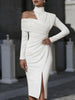 Women's Asymmetrical Off Shoulder High Neck Midi Dresses Long Sleeves Ruched Split-Side Elegant Cocktail Party Dress