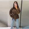 Elegant Suede Belt Women's Jacket Loose Full Sleeve Stand Collar Single Breasted Lace Up Jacket Female Autumn Coat