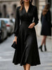 Autumn Women's Notched Work Long Sleeve Maxi Dress Wrap Waist A Line Midi Dress Elegant Long Party Dress Robe Femme