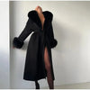 Retro Solid Fur Patchwork Woolen Coats Women Chic Full Sleeve V-neck Lace Up Loose Overcoat Lady Winter Commute Outwear