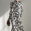 Flower Print Long Sleeve Elegant Maxi Dress Women Gown Spring Ruched Bodycon Mock Neck Long Dresses Female