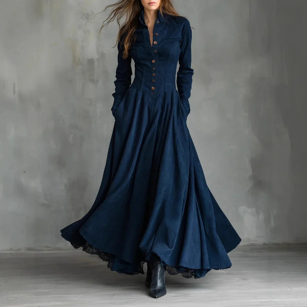 Faux Suede Lace-Trim Patchwork Shirt Dress for Women's Pockets Single Breasted Turn Down Collar Long Sleeve Pleated Long Dress
