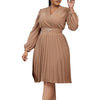 Elegant Dresses Woman V Neck Full Sleeve Pleated Mid Calf Belt Waisted African Female Birthday Party Dress