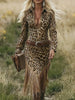 Western Retro Leopard Print Tassel Dresses Women Turn-down Collar Half Zipper Slim Hips Dress Fall Long Sleeve Fringe Hem Dress