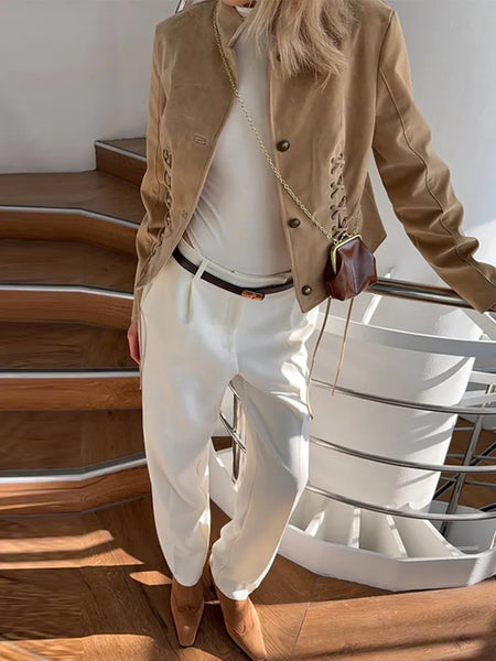 Solid Suede Women's Jacket Long-Sleeved Single-Breasted Short Coat Casual Spring Autumn High Street Lady Wear
