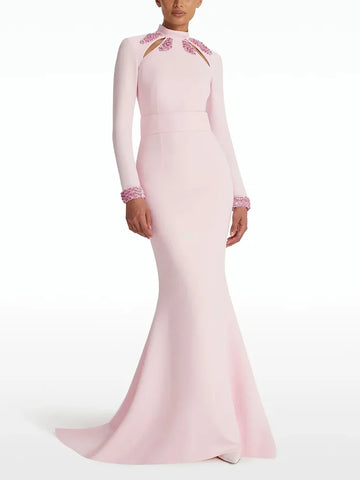 High Street Designer Party Vestido Women's Standing Collar Beaded Diamonds Sequin Hollow Out Long Maxi Dress