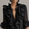 Solid Ruffle Mini Dresses Women Deep V Lace Splice Half Flare Sleeve Loose Irregular Hem Dress Autumn Party Elegant Casual Dress