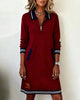 Autumn Winter Versatile Women's Dress Casual Contrasting Color Splicing Lapel Long-sleeved Loose Dress With Pockets