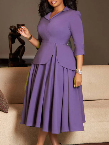 Women's Large Size Dress Autumn Spring Three-Quarter Sleeve Suit Collar Solid Color with Large Skirt Hem