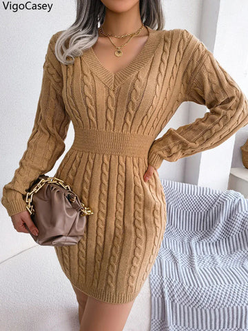 V Neck Casual Short Knit Dress Autumn Winter Women Solid Long Sleeve Dress Lady Khaki Bodycon Knitted Dresses