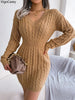 V Neck Casual Short Knit Dress Autumn Winter Women Solid Long Sleeve Dress Lady Khaki Bodycon Knitted Dresses
