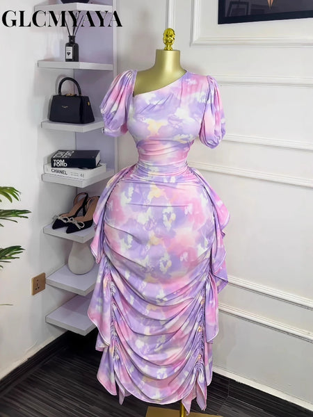 Women Tie Dye Printed Skew Neck Ruched Stacked Bodycon Midi Maxi Long Dress Vacation Holiday Sexy Vestidos Dresses