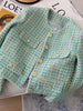 Elegant Green Plaid Tweed Jacket Women French Vintage Spring Autumn Casual Blazers High Street Short Suit Coat