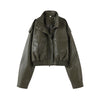 Vintage Zippers Short Leather Jackets Women's Casual Lapel Button Pockets Full Sleeve Coat Autumn Lady Chic Streetwear