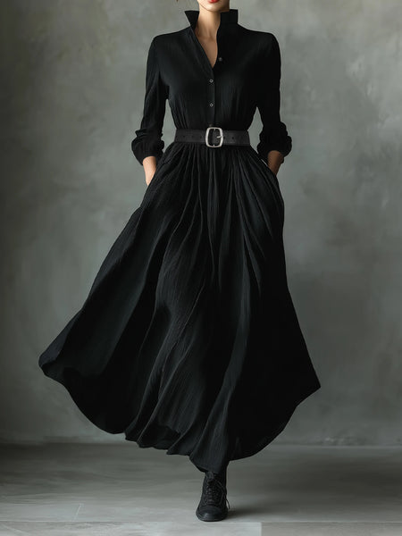 Women's Black Textured Maxi Dress with Stand Collar, Button Placket, and Matching Belt