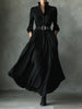 Women's Black Textured Maxi Dress with Stand Collar, Button Placket, and Matching Belt