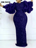 Women Bodycon Full Lantern Sleeve Maxi Long Dress Vintage Sequined O-neck Birthday Sexy Club Party Evening Dresses