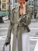 Women's Lace Up Cropped Trench Coat Lapel Long Sleeve Solid Loose Jacket Autumn Winter Female Street Outerwear
