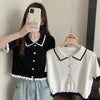Women's Stylish Clothing Knitting Button Short Tops Tees Patchwork Striped Jacket Girls Y2k Clothing Korean Sweater Short Shirt