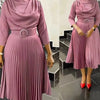 Elegant Office Dress Pleated for Women Professional Round Neck Full Sleeve Belt Waisted Mid Calf Formal Business Work Dress