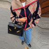 Color Block Argyle Knitted Women Cardigan Oversized Lapel Collar Long Sleeve Sweater Coat Fall Winter Warm Loose Knitwear