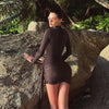 Knitted Turtleneck Ribbons Ruched Women Dress Brown Long Sleeve High Waist Dress Autumn Slim Elegant Party Club Dress