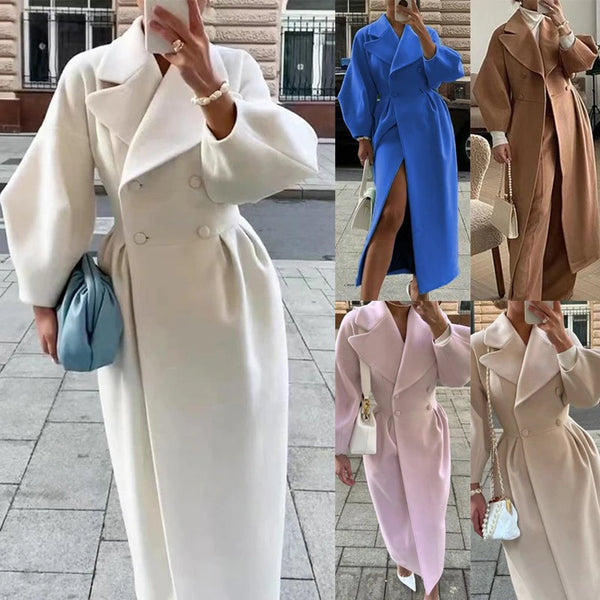 Winter Coat For Women Solid Loose Lapel Double Breasted Trench Vintage Long Sleeve Jackets Warm Thick Woman Coats