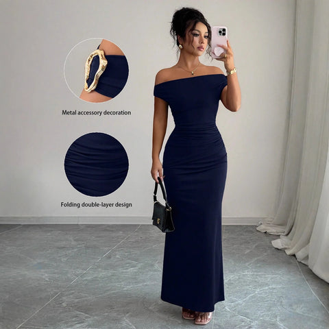 Autumn Women's Off-Shoulder Boat Neck Dress Sexy Elegant Long Skirt Evening Gown for Women