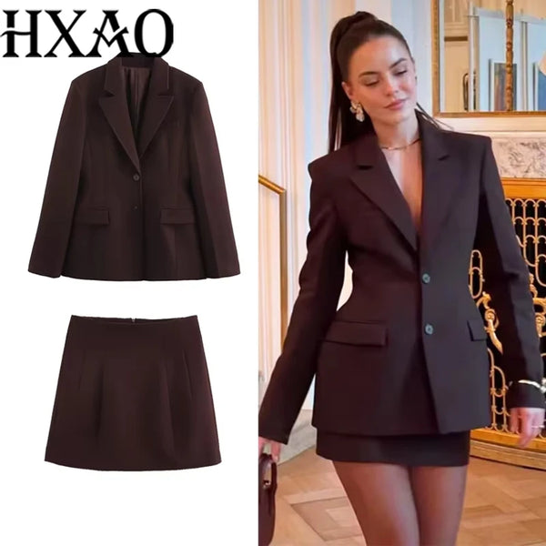 Elegant Skirts Set For Women's 2 Pieces Outfit Spring Long Blazer Coat Mid Waist Mini Skirts Office Skirts Set