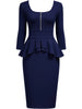 Women Vintage 2/3 Sleeve Crew Neck Zip Up Peplum Knee Length Cocktail Party Work Business Casual Sheath Bodycon Pencil Dress