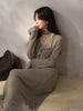 Elegant French V-Neck Knit Dress Women Long Sleeve Elastic Maxi Dress Asymmetrical Design Belted Long Dress for Autumn Winter