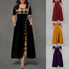 Women's Irregular Lattice Patchwork Long Dresses Vintage Buttons O Neck Half Sleeves Casual Lady Commuting Dress