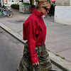 Ladies High Street Casual Chic Red Autumn Winter Women Jacket Outfits Plaid Stand Collar Zipper Loose Bomber Jacket Coat Female