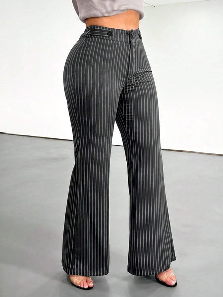 Women's Striped Trousers High Waist Flare Pants For Office Daily Wear All Season Slim Fit Bell-Bottom Formal Long Bottoms