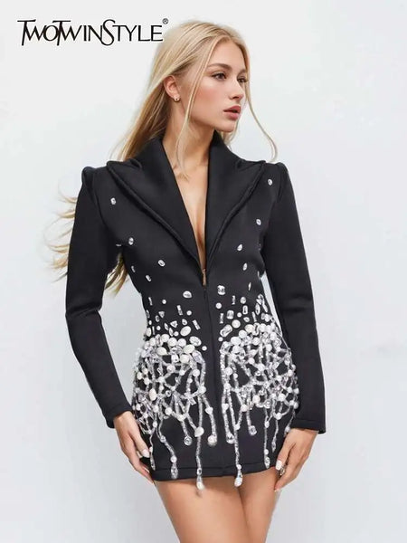 Temperament Spliced Diamonds Dress For Women Lapel Long Sleeve High Waist Patchwork Sequins Chic Dresses Female