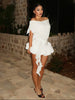 Hipster Sash+Dress Women Thin Elegant Slash Neck Tierred Puffy Hem 3d Flowers Tassel Buttons Skinny Party Bodycon