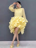 Women Long Sleeve Ruffled High Low Dress Elegant Party Evening Gown Pleated Formal Outfit Autumn