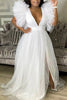 Women Cascading Ruffles Shoulder High Side Split Mesh Patchwork Maxi Long Dress sexy even Party Vestidos Dresses
