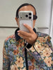 Vintage Floral Print Women Cropped Jacket Contrast Velvet Collar Zip Up Long Sleeve Slim Fit Side Pockets Coat Outerwear